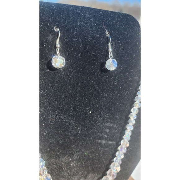 Vintage Clear Aurora Borealis Faceted Beaded Necklace & Earrings 20.5" Length - Picture 2 of 4